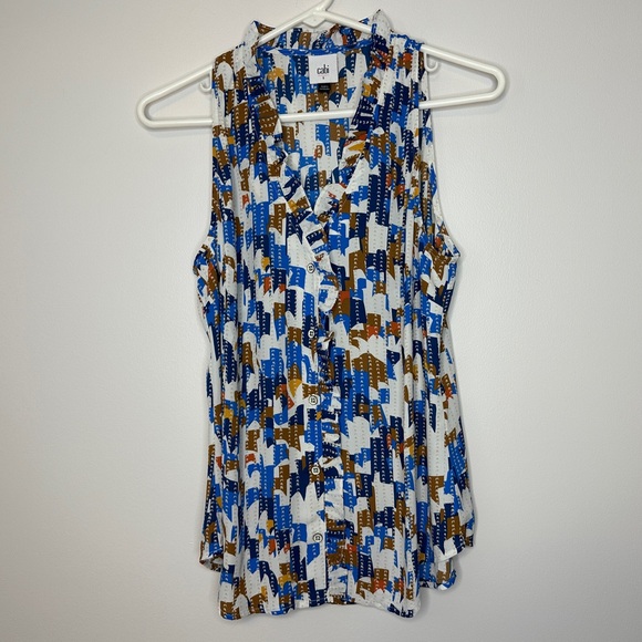 CAbi Jigsaw Top | Patterned Sleeveless Blouse | Blue, Brown, White Spring 6106 - Picture 3 of 13
